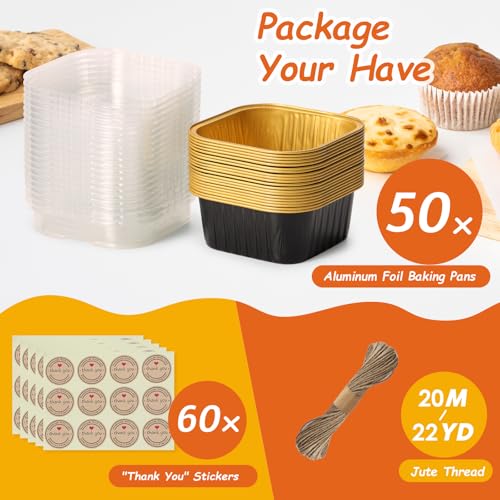 Mini Square Baking Cups with Lids, 50 Pcs 5oz Aluminum Foil Cupcake Tins with Lids, Disposable Ramekins Flan Cake Pans Tins for Souffle, Dessert, Valentine, Wedding, Party Small Cake Containers - image 6