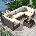 7 Piece Outdoor Patio Furniture Set, Outdoor Sectional Furniture, Rattan & Wicker Modern Modular Conversation Set Sectional Sofa W/Water Resistant Washable Thick Cushions and Coffee Table, Brown/Beige