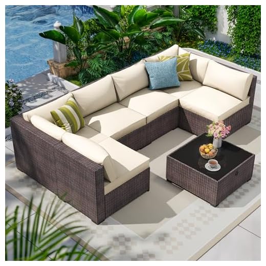 7 Piece Outdoor Patio Furniture Set, Outdoor Sectional Furniture, Rattan & Wicker Modern Modular Conversation Set Sectional Sofa W/Water Resistant Washable Thick Cushions and Coffee Table, Brown/Beige