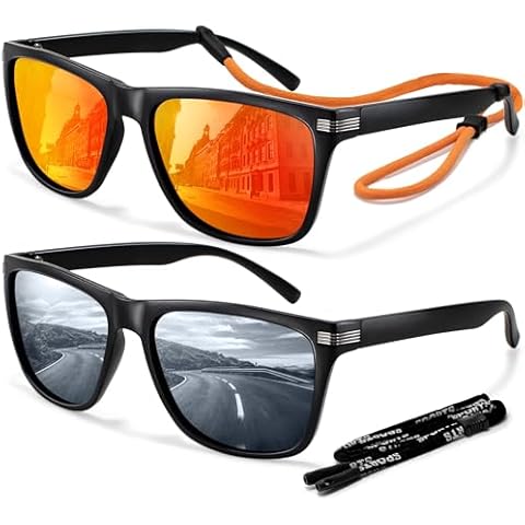 Madison Avenue 2 Pack Square Sports Polarized Sunglasses for Men UV Protection with Eyeglasses Straps, Mens Retro Sun Shades Black/Red Cover