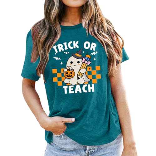 T-shirt pour femme avec motif amusant « Trick or Teach » - T-shirt d'Halloween pour enseignantes avec imprimé fantôme - T-shirt à manches courtes avec col rond, Style_z01 Vert, S