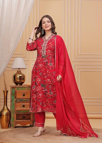 Image of MANHAREE | Women's Rayon Printed Straight Kurta with Pant & Dupatta Set