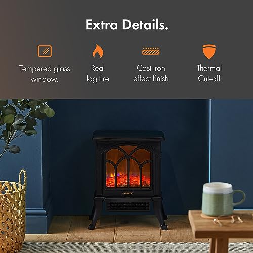 VonHaus Electric Stove Heater 1500W – Electric Fireplace – Indoor Log/Wood Burner Effect, Freestanding Fire, Portable, LED Flame, 2 Heat Settings, Adjustable Thermostat, Black – H45 x W41 x D24cm - 3