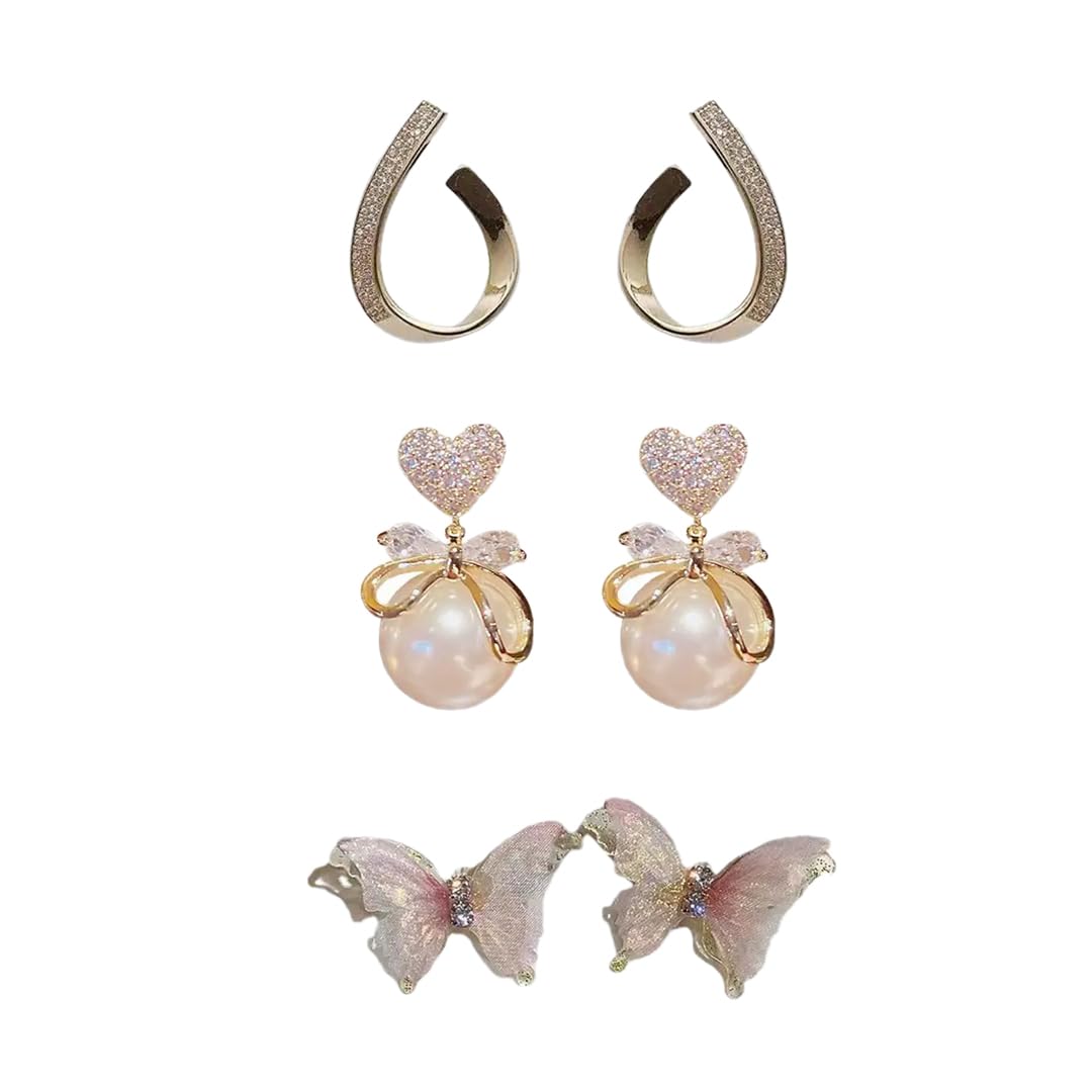 estailo Fashion® Set Of 3 Alloy Gold-Plated Stones & Pearls Heart Drop Earrings | Earring For Womens And Girls | Elegance For Every Occasion-picture-52