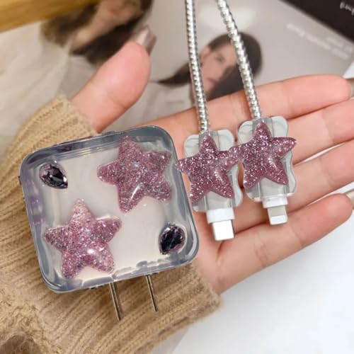 Image of Cable Protector with 3D Cute Pattern for iPhone Charger only 18W & 20W, Data Charging Cable Wire Saver Protective Cable Cover Full Protection Cable Sleeve (Glitter Star)