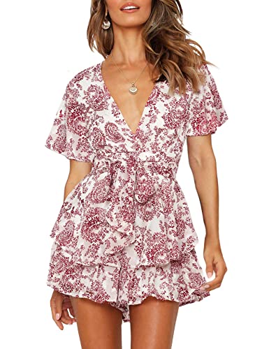 AIMCOO Women's Floral Print Deep V-Neck Romper Double Layer Ruffle Hem Jumpsuits Short Flare Sleeves Waist Tie Short Rompers