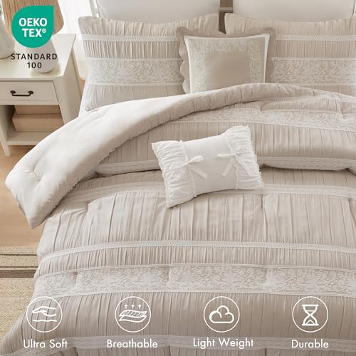 Image of Madison Park 5-Piece Farmhouse Comforter Set with Ruching & Lace Trim, Soft Chambray Bedding, Includes Comforter and 2 Decorative Pillows, King, Neutral