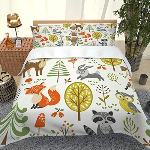RQXRTR Housse De Couette 200X200cm Enfant 3D Imprimé Thème Animal De La Forêt De Dessin Animé 3 Pièces Parure De Lit En Microfibre, Parure De Couette 2 Personnes Avec Fermeture Éclair Et 2 Taies D'Ore Cover