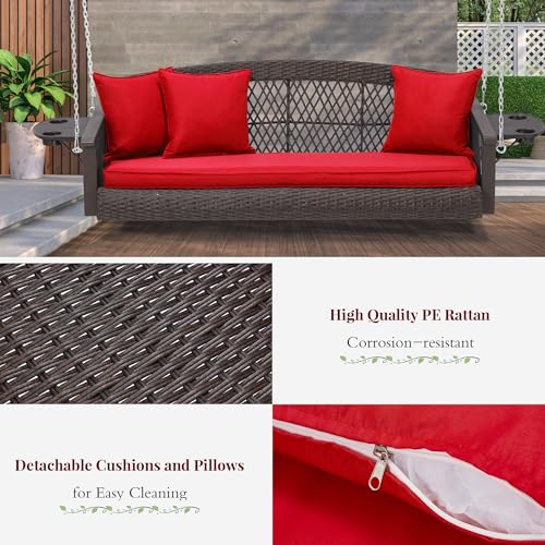 Image of HOMREST 3-Person Wicker Porch Swing with Upgraded Cup Holder, 56 Inch Patio Hanging Swing Bench Chair with Cushions, Outdoor Swing 900lbs Capacity Chains for Deck Garden Backyard (Red)