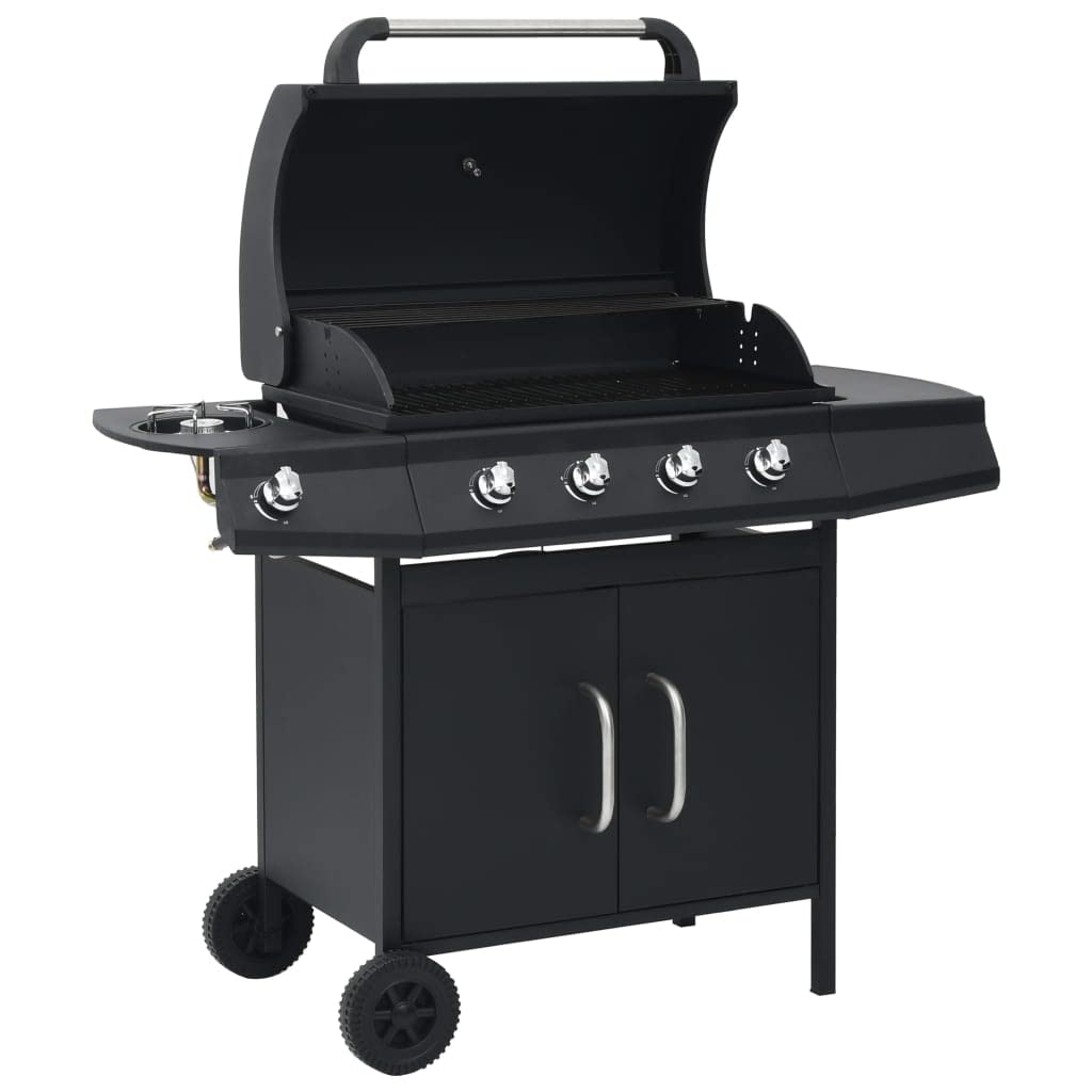 Grill gazowy 4 + 1 palnik z palnikiem bocznym i szafką dolną, grill stalowy, z osłoną chroniącą przed warunkami atmosferycznymi, czarny