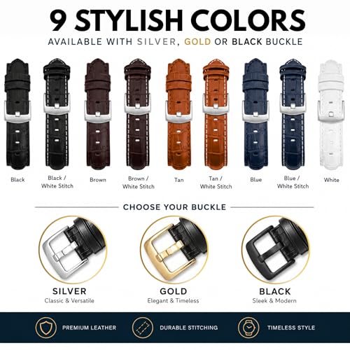 Image of Bandini Mens Leather Watch Band - Extra Long & Regular, Premium Top Grain Alligator Embossed Strap, Durable Upgrade Replacement, Comfortable Leather, Fits Large Wrists, 18mm to 38mm
