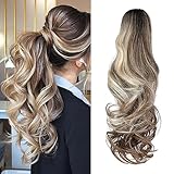 FELENDY Ponytail Extension Claw 18' 20' Curly Wavy Straight Clip in Hairpiece One Piece A Jaw Long Pony Tails for Women Dark Brown Mix Ombre Blonde