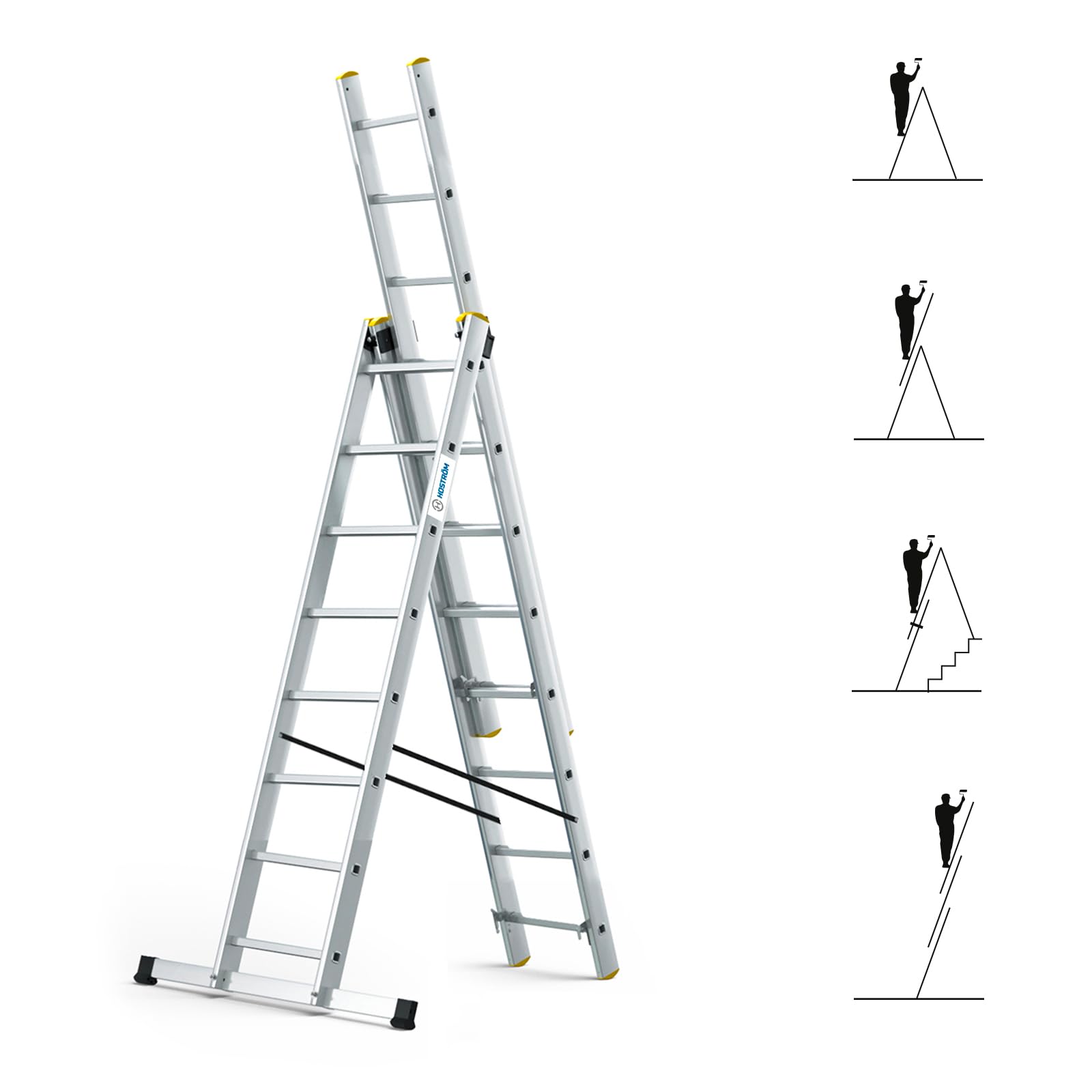 HOSTRÖM Echelle Transformable 3 Plans StablePro 3x8 marches Aluminium Extensible coulissante, 6 Positions, Hauteur Travail Max 5,05m, Garantie 5 Ans