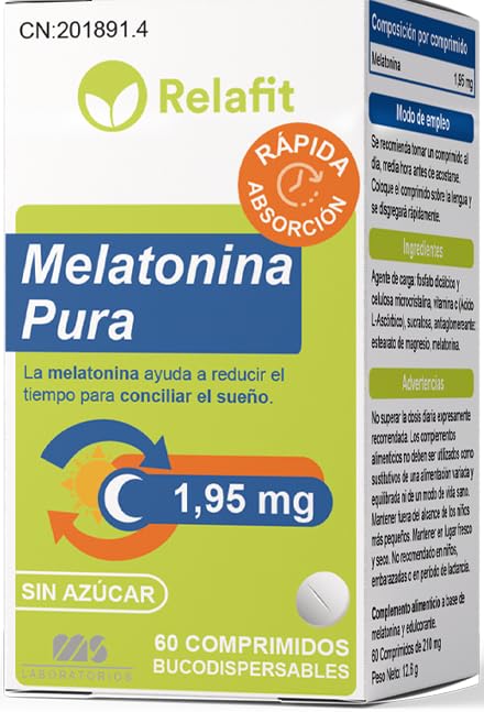 Melatonina Pura 1,95 mg – 60 Comprimidos Bucodispersables | Relafit - Laboratorios MS | Suministro para 2 meses | Efecto flash | Rápida Absorción | Melatonina Pura | Insomnio & Sueño | Vegana