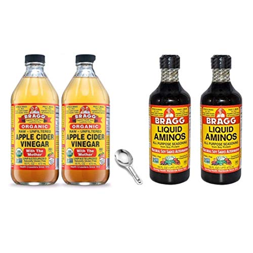 Bragg Organic Apple Cider Vinegar With the Mother 16 Ounce, 2 Pack Including Measuring Spoon and Liquid Aminos 16 Ounce, 2 Pack Bundle