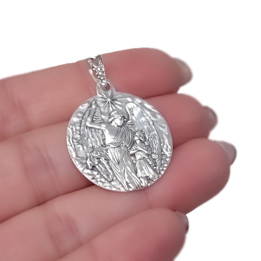 Ángel de la Guarda Medalla en Plata de Ley 925m maciza de 25mm. en relieve trasera detalle
