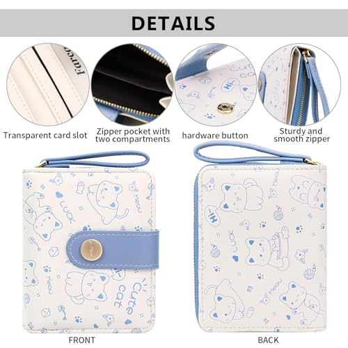 Image of Farcauo Cat Pattern Wallet for Women and Ladies Small Cute Kawaii Blue Coin Purse with ID Window and Credit Card Holder Compact Wallet for Women and Ladies