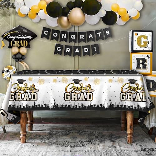 Image of KatchOn, Black and Gold Graduation Tablecloth -108x54 Inch, Pack of 3 | Congrats Grad Tablecloth for Graduation Decorations 2026, Grad Party Decorations 2026 | Graduation Table Decorations 2026