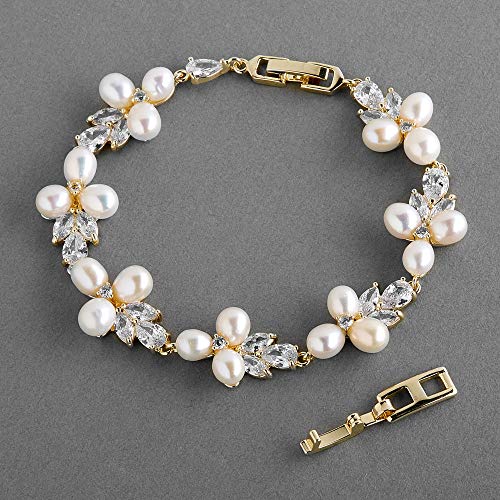 Mariell Freshwater Pearl Gold Bridal Bracelet, 7 1/8" Plus 1/2" Extender, Wedding Jewelry Gift For Women #TOP4