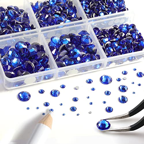 Image of Beadsland 8300PCS Flatback Rhinestones, Royal Blue Rhinestone Round Crystal Rhinestones for Crafts, Mixed 10 Sizes with Wax Pencil and Tweezer Kit, SS3-SS30, Sapphire