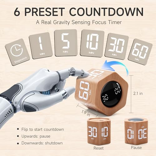 Image of Productivity Timer 1, 5, 10, 30, 60 Minutes Preset, Desk Cube Timer with Gravity Sensor /Mute /Vibration for ADHD, Work, Study, Kitchen, Back to School (Wood Grain)