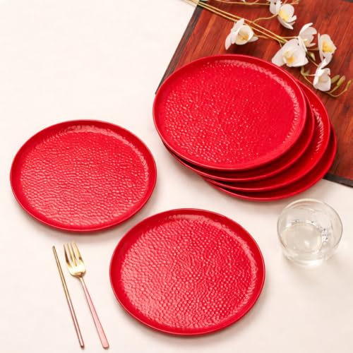 Image of MARKET 99 Melamine Small Plates Set of 6 Red Hammered Design | Round Quarter Plates for Kitchen Dining Tableware | Lightweight Durable Side Plates for Breakfast Lunch Dinner, Party, & Serving