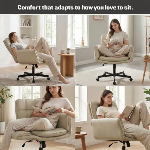 Image of DROGO Zen Atora Ergonomic Criss Cross Legged Office Chair for Work with 5 Gear Armrest & Wide Thick Cushion Seat | PU Leather Computer Chair with Adjustable Height, Recline & Heavy Metal Base (Beige)