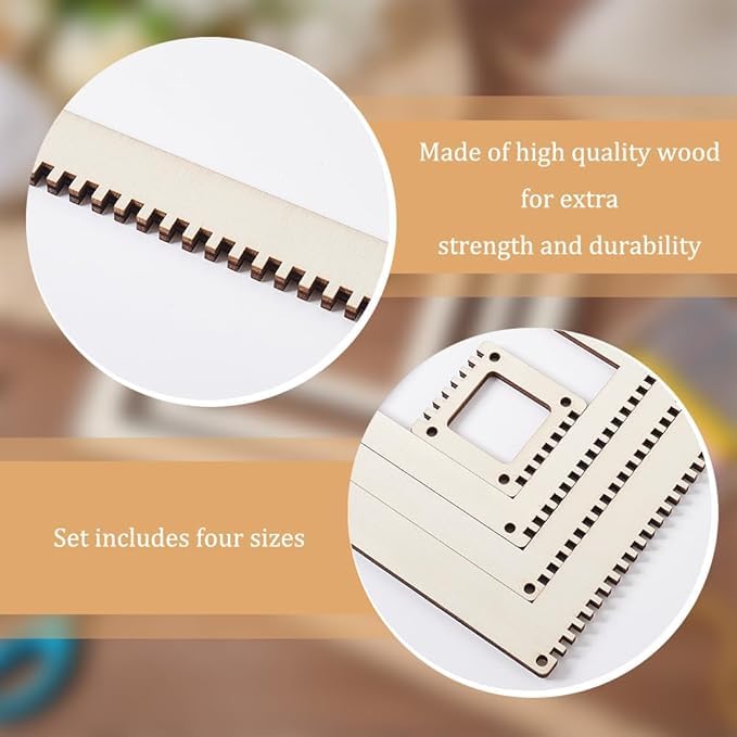 Curious Button Wooden Gear Square Loom Frame Set for Weaving & Craft Set of 4 | Size:12,10,8,6IN 2.7mm | DIY Embroidery, Crochet & Knitting Tool | Durable Wooden Craft Base