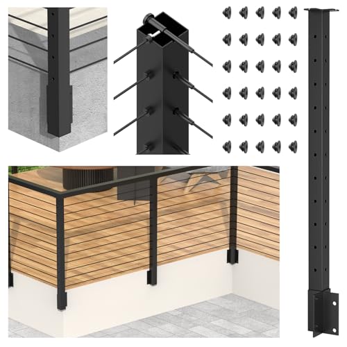 Image of 36 inch Side Mount Outside Corner Cable Post, 3-Side Drilled Flat Top Outer Corner Post(Post 44 inchx2 inchx2 inch), Space-Saving Fascia Mount Cable Railing System, Stainless Steel Wire Railing Kits, RG74