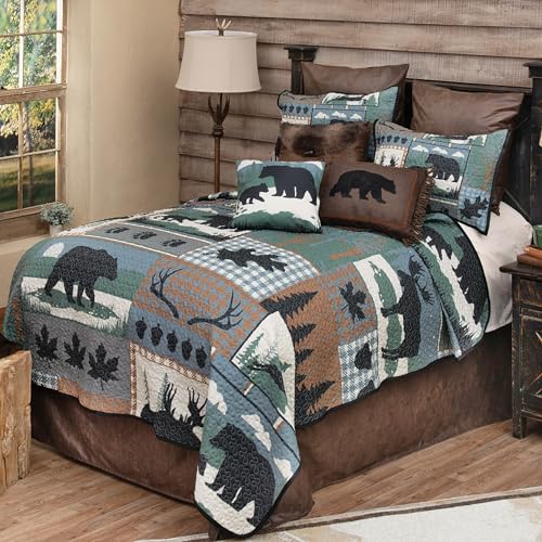Black Forest Décor Twilight Woods Bear & Moose Quilt Bed Set - King, Rustic Woodland Bedding - 105