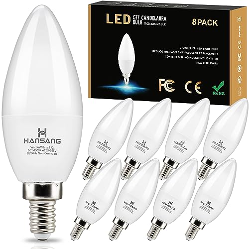 hansang 8 Pack E12 Candelabra LED Light Bulbs 4000K Natural Daylight, Small Base Type B Light Bulb for Chandelier, 6W 60Watt Equivalent, B11 Ceiling Fan Light Bulbs, 600LM, Non-dimmable