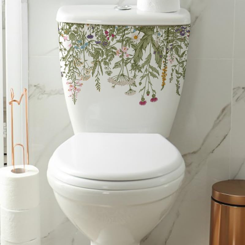 Green Plant Chrysanthemum Flowers Toilet Cover Sticker Decals,Butterfly Flower Leaf Waterproof Toilet Lid Tank Seat Decals Cistern Self-Adhesive Bathroom Wall Sticker