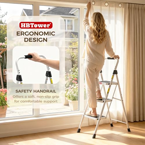 Image of HBTower 3 Step Ladder, Heavy Duty Step Stool with Anti-Slip Pedal and Feet, Folding Step Stool for Adults, Comfortable Handrail, Portable Ladder for Home Kitchen Garage Outdoor, 330 Lbs, White