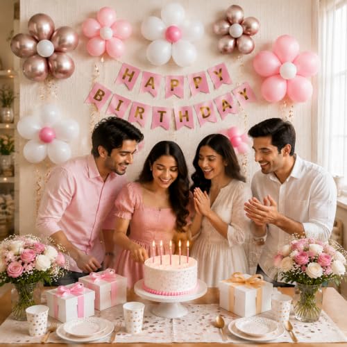 Image of Party Propz Flower Balloons For Decoration - 60 Pcs | Pink And White Balloons For Birthday | Flower Clips | Flowers Decoration For Birthday Party | Happy Birthday Banner (Latex)
