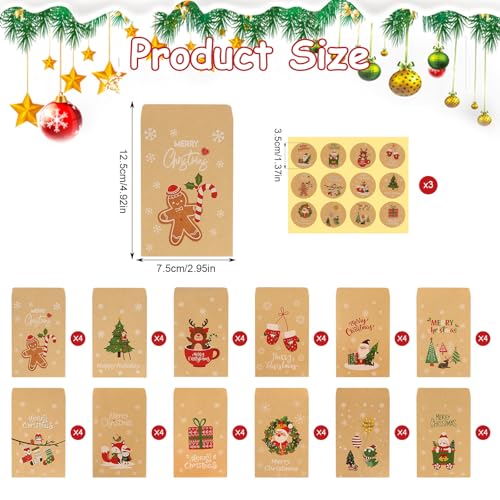48 Stück Papiertüten Klein Weihnachten Mini Geschenktüten Weihnachten 7,7x11cm Weihnachtstüten Papier mit 48 pcs Sticker für skalender Tüten Kekstüten Tütchen für Süßigkeiten Weihnachtsdeko
