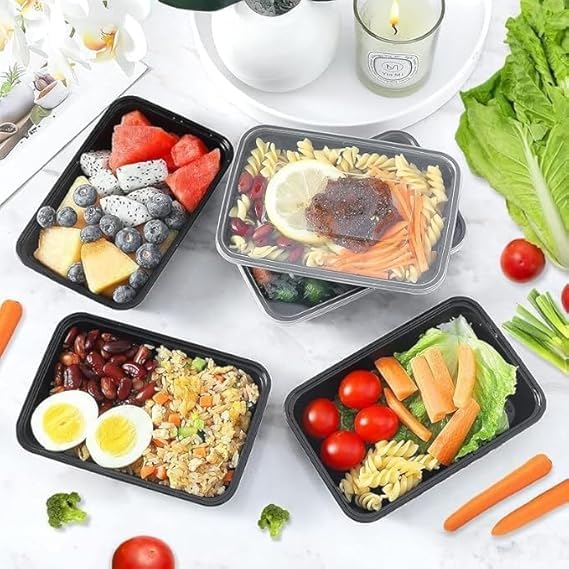 Image of [1000 ml, 25 Count, Rectangle, Black Reusable Plastic Food Storage Containers with Lid | Airtight, Microwave Safe Containers | Perfect for Meal Prep, Storage, Takeaway & Food Delivery
