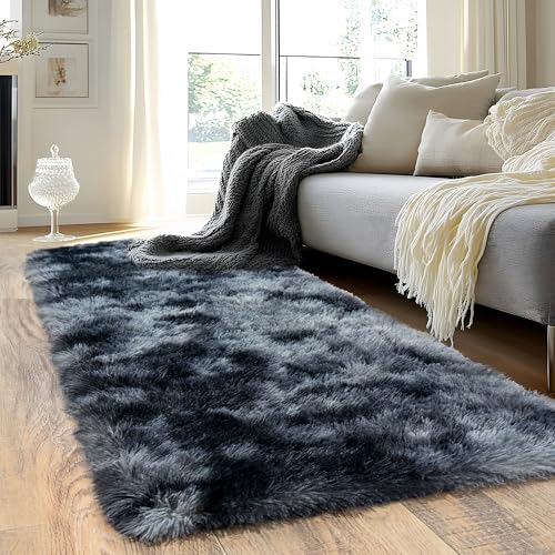 Runner Rugs for Bedroom, 2x6 Fluffy Throw Area Rug Non Slip for Bedside Dorm Hallways, Long Soft Shag Carpet for Nursery Living Room, Blue Grey