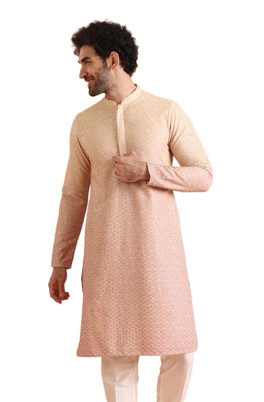 Kisah Mens Kurta|Blended Fabric Embellished Design Mens Ethnic Wear|Regular Fit Mandarin Collar Long Sleeves, Rust, 40