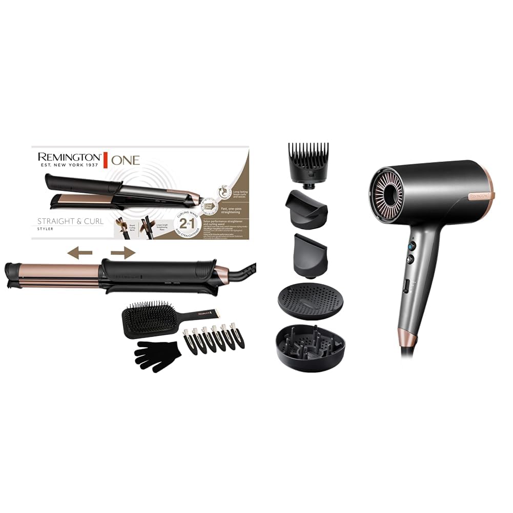 Remington prostownica do włosów i lokówka (2w1), temp. 150-230°C, wyświetlacz cyfrowy ONE Straight & Curl Styler S6078 & Remington suszarka do włosów, podwójna jonizacja, 2000W, ONE D6078