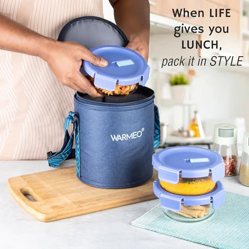 Image of WARMEO BOROFRESH 3 pc Round Borosilicate Glass Container (400 ml Each) | Leakproof, Microwave & Dishwasher Safe Lunch Box with Bag for Office, College & School