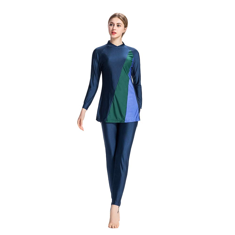 XDXARTMuslim swimsuits for women hijab fully covered long sleeve swimwear (Including Top Beach Swim Pants) Blue