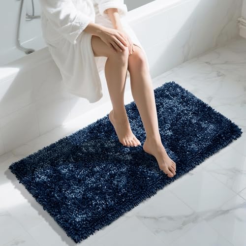 Image of Yimobra Long Bathroom Rug Non Slip 44x24, Extra Thick Soft Absorbent Chenille Bath Mat, Machine Washable Quick Dry Bath Rugs for Bathroom Floor, Tub and Shower, Home Decor Accessories, Peacock Blue
