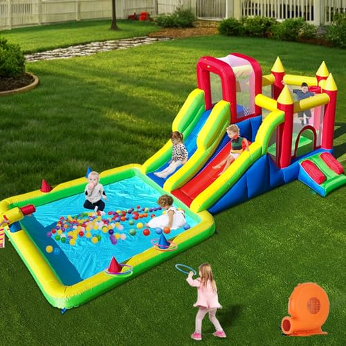10-in-1 Inflatable Water Park - Giant Bounce House with 2 Water Slides, Big Splash Pool, Water Cannons, Climbing Wall, Tunnels & Obstacle Course for Endless Fun