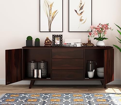 Image of Solid Sheesham Wood Wooden Sideboard Storage Cabinet & Chest of Drawer : Ideal for Living Room and Bedroom with 3 Drawers and 2-Shelf Storage(Hamlet, Walnut Finish)