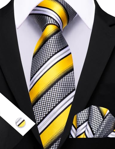 Image of Barry.Wang Man Stripe Ties Set Silk Woven Pocket Square Necktie Cufflinks Formal Party Business