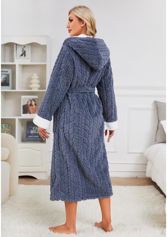 LYCY Womens Plush Hooded Robe, Soft Fluffy Womens Fleece Robe Long Warm Bathrobes for Women - Image 3