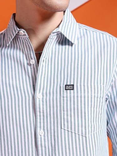 Image of The Indian Garage Co Men Slim Fit Striped Full Sleeves Cutaway Collar Casual Shirt