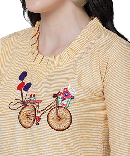 Image of EthnicJunction Women's Pinstripe Cotton Blend Cycle Embroidery with Ruffle Lace Work Straight Kurti