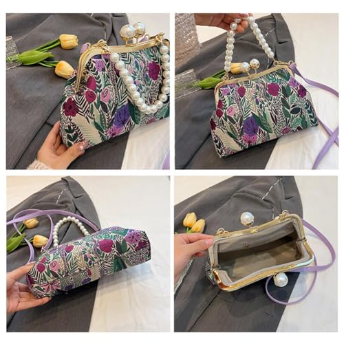 Vintage Embroidered Flower Handbag,Shoulder Chain Messenger Clutch,Chinese Style Embroidery Crossbody Bag Evening Bag (Pink)3