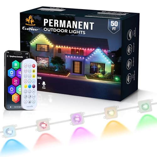 EcoNour 15M/50FT RGB LED Permanent Outdoor Lights | Smart Waterproof LED Eaves Lights with App & Remote Control | Music Sync, RGB Colorful Light | Alexa Smart Christmas Light for Decorations